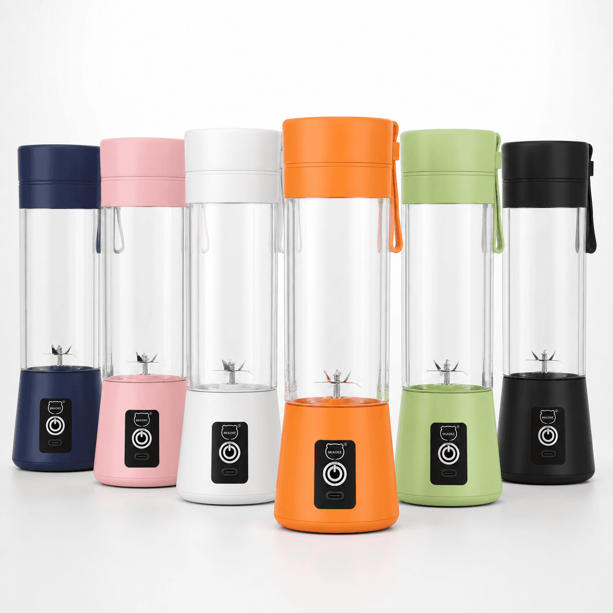 Mini frullatore portatile USB nelle colorazioni arancione, rosa, bianco, blu navy, verde e nero