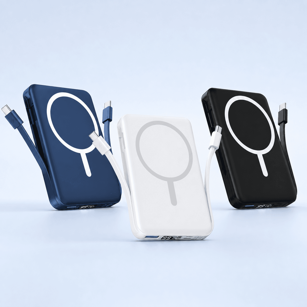 PODORU power bank magnetico nelle colorazioni bianco, blu navy e nero, con display e cavi USB-C integrati